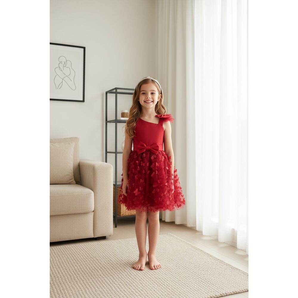 Maroon Tulle Overlay Easter Pagent Church Party Butterfly Dress Size 6-7